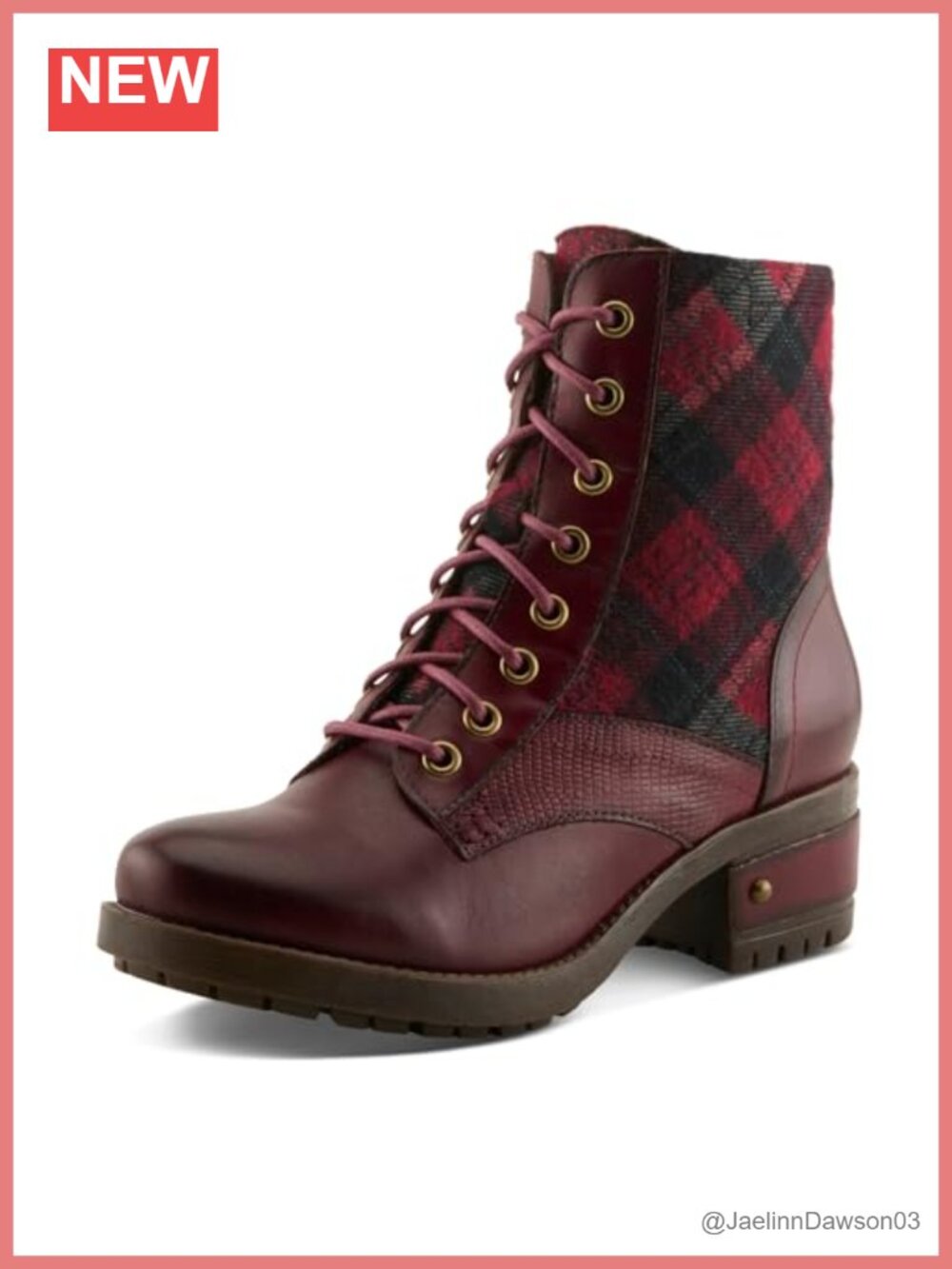 Lace-Up Ankle Bootie with Plaid Insets, Leather Upper, 2-Inch Heel
